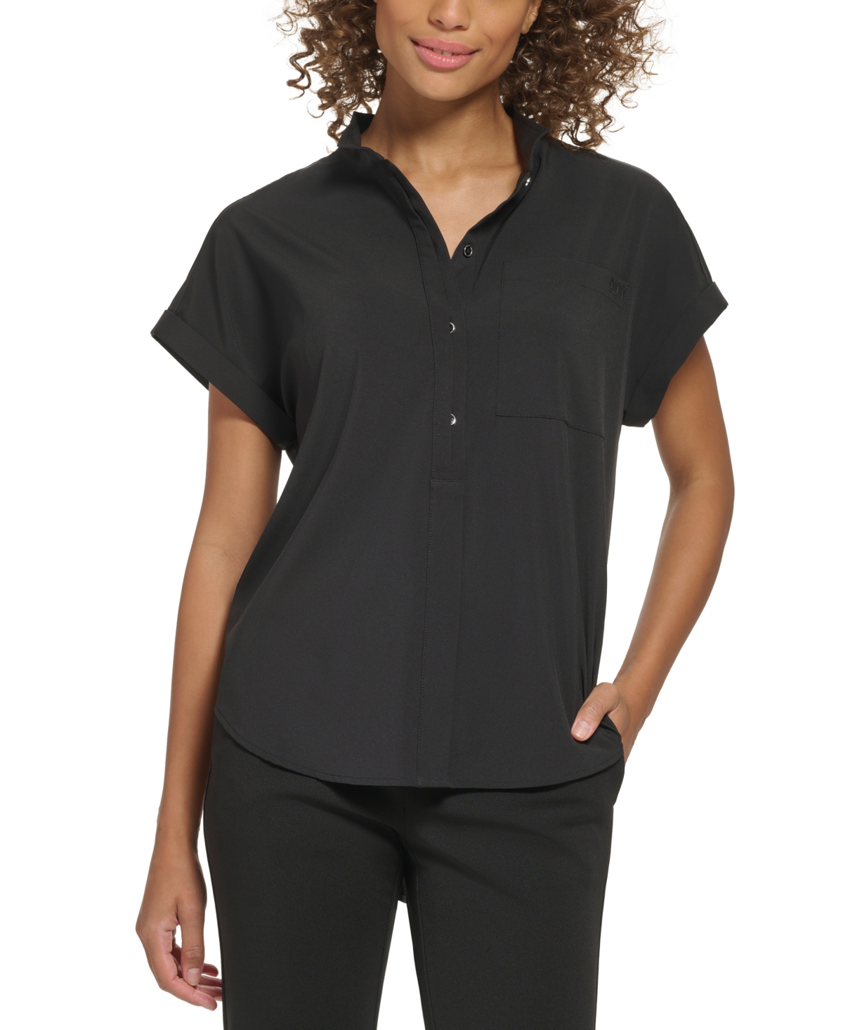 Dkny Petite Cuffed-sleeve Stand-collar Top In Black