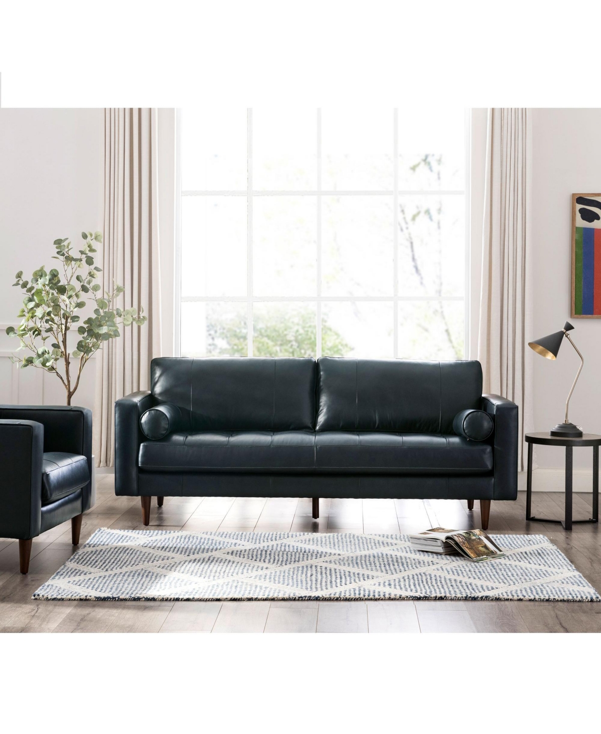 Nice Link Maebelle Leather Sofa With Tufted Seat And Back In Navy Blue