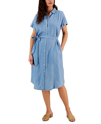Style & Co Petite Short-Sleeve Woven Chambray Shirtdress, Created for ...