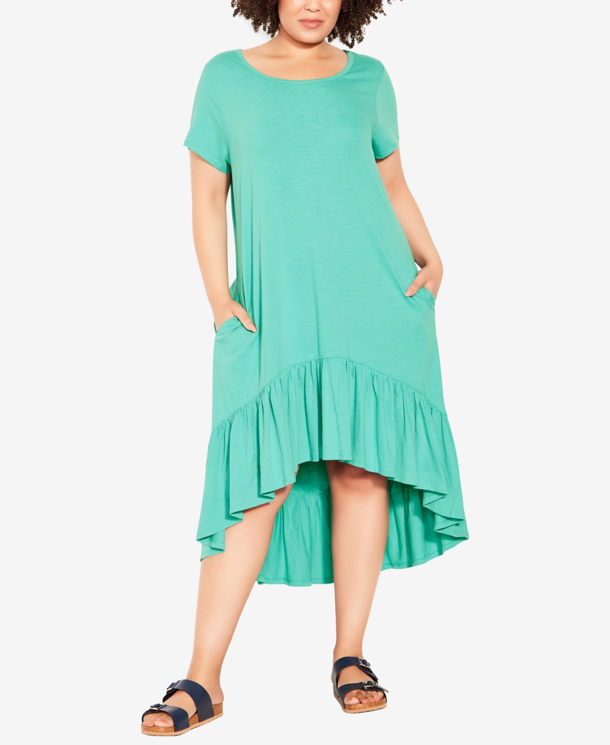 Avenue Plus Size Ella Ruffle Plain Dress In Jade Jargon