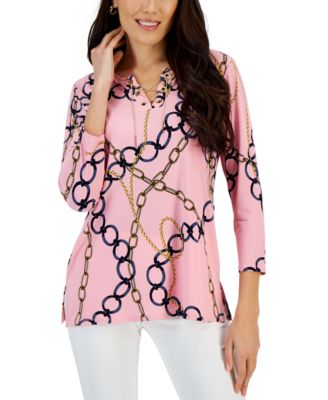 JM Collection - Women's Printed Chain Lace-Up Neck Tunic