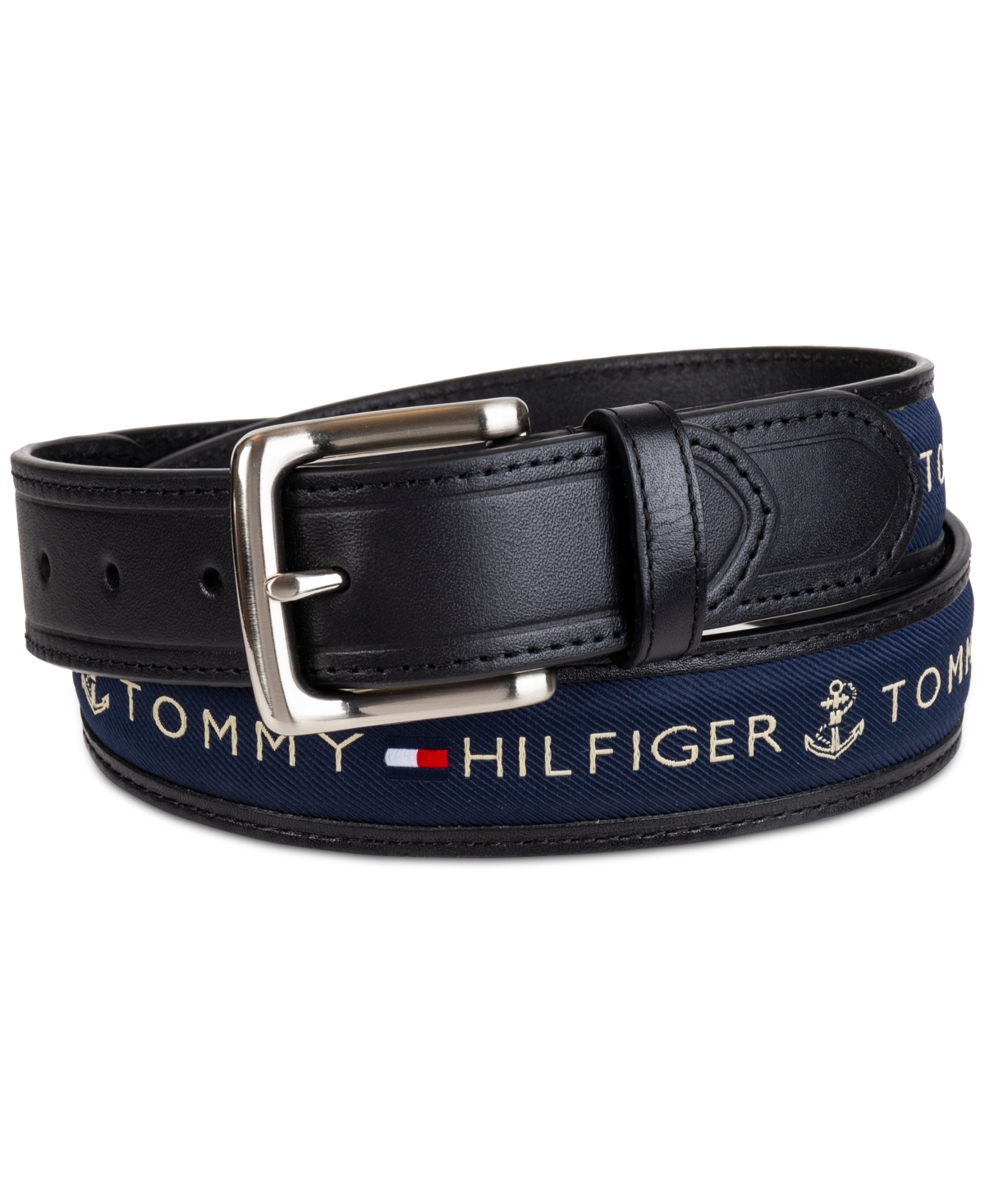 Shop Tommy Hilfiger Men's Tri-color Ribbon Inlay Leather Belt In Navy
