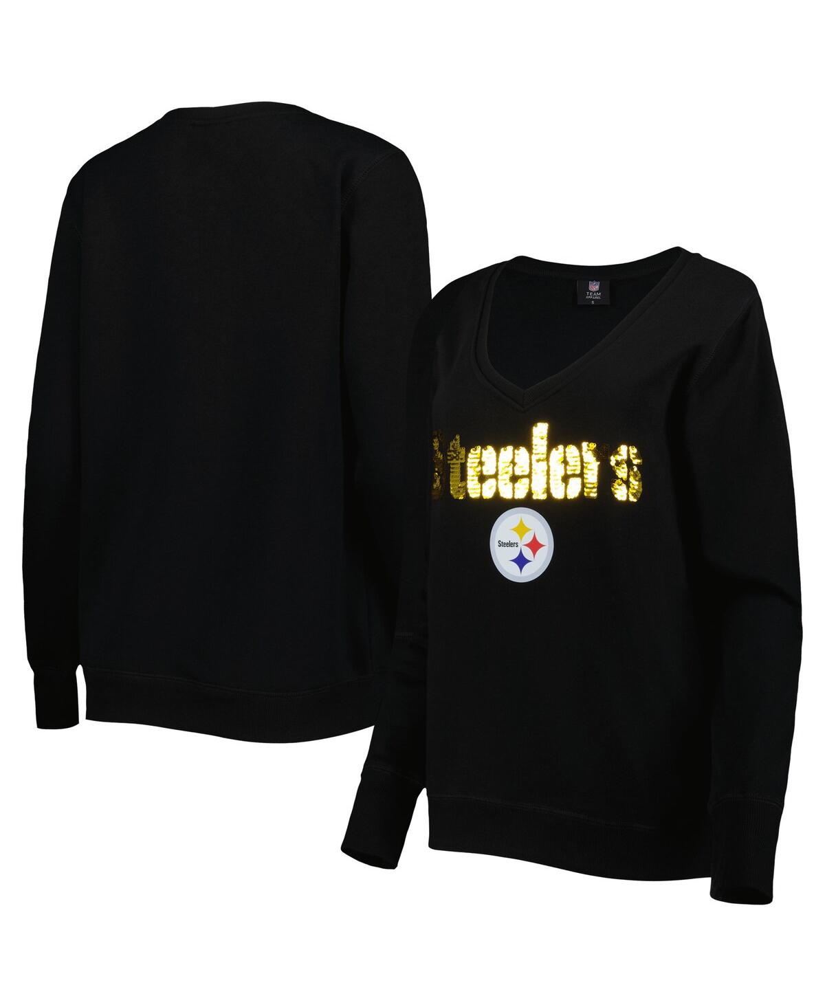 Shop Cuce Women's  Black Pittsburgh Steelers Sequin Logo V-neck Pullover Sweatshirt
