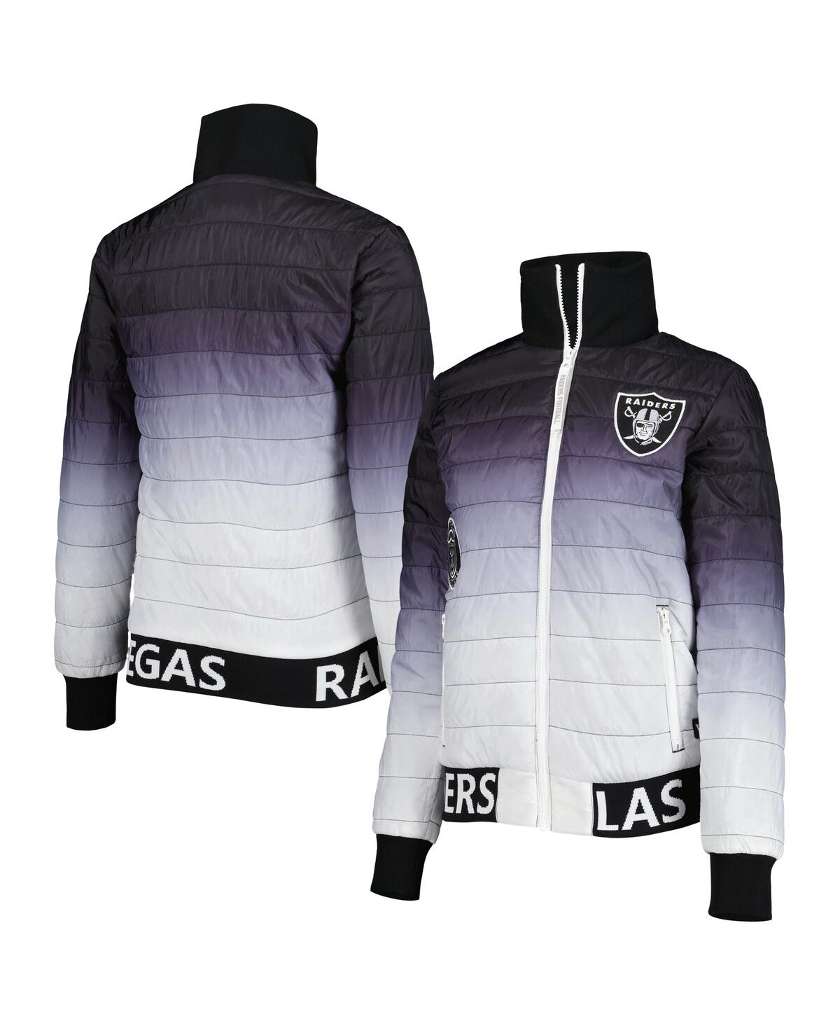 The Wild Collective Women's  Black, Silver Las Vegas Raiders Color Block Full-zip Puffer Jacket In Black,silver