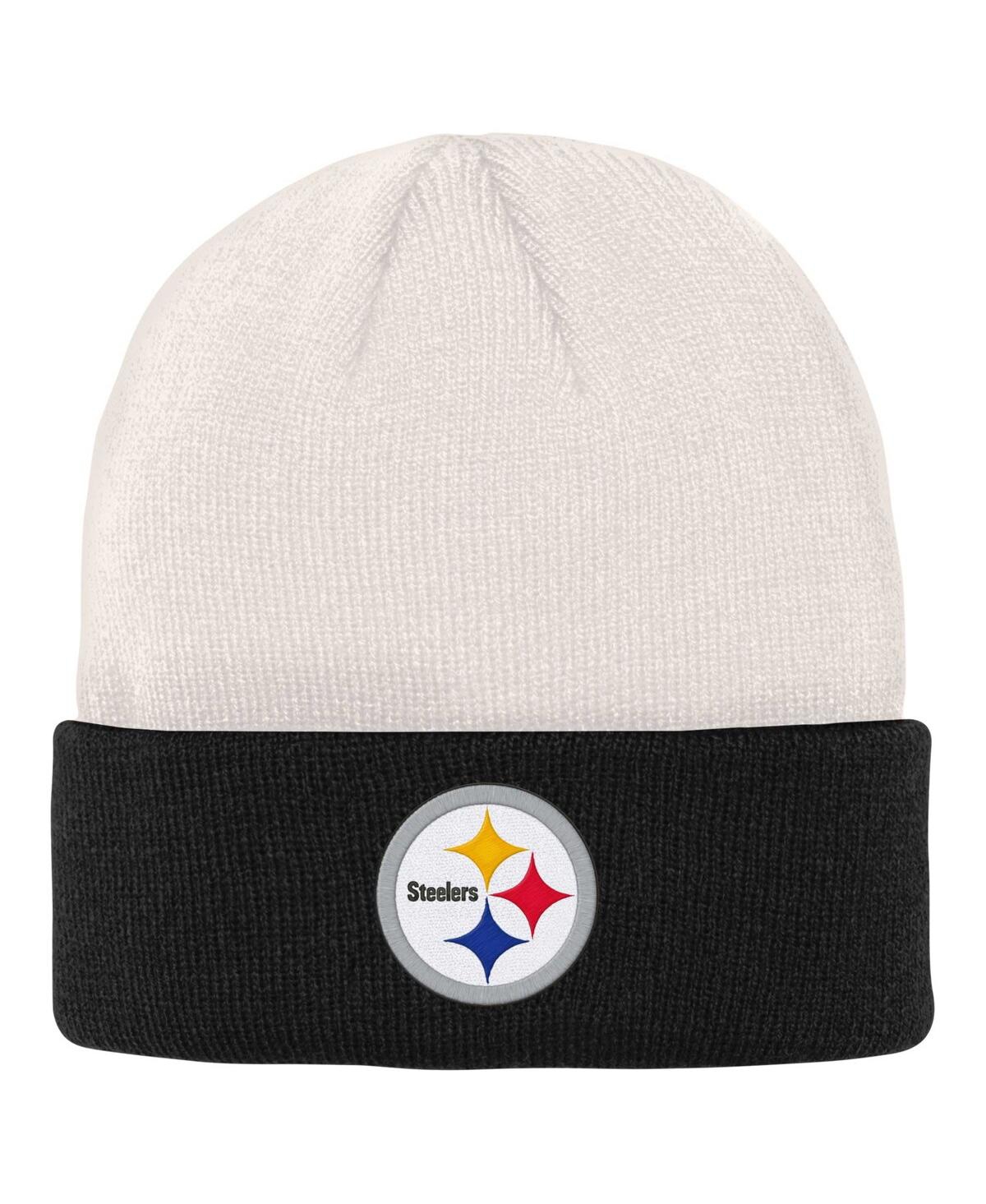 Outerstuff Kids' Big Boys Cream, Black Pittsburgh Steelers Bone Cuffed Knit Hat In Cream,black