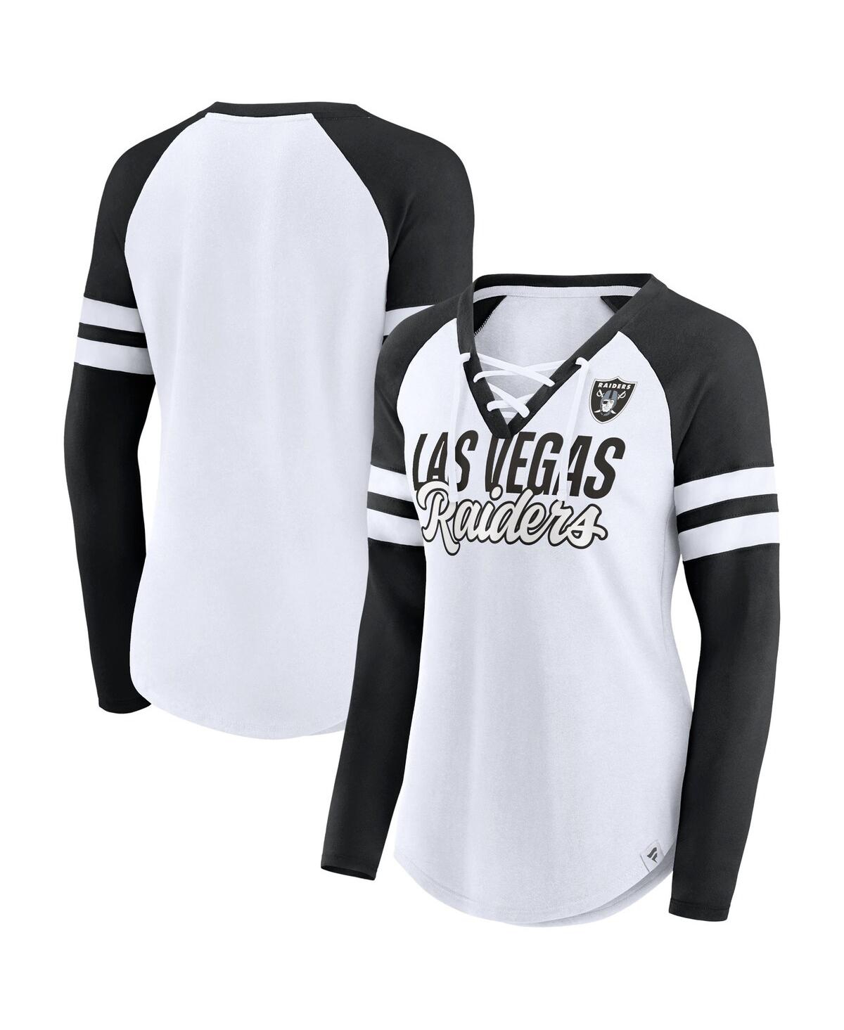 Fanatics Branded White/black Las Vegas Raiders True To Form Raglan Lace-up V-neck Long Sleeve T-shir In White