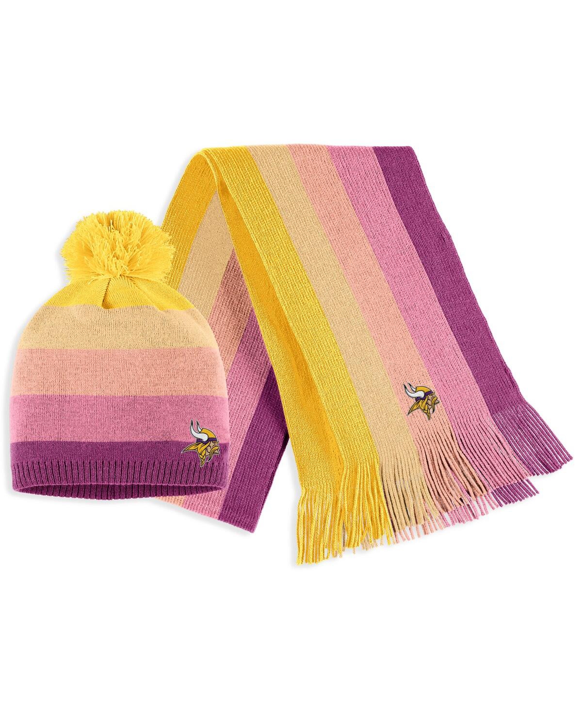 Shop Wear By Erin Andrews Women's  Gold Minnesota Vikings Ombre Pom Knit Hat And Scarf Set