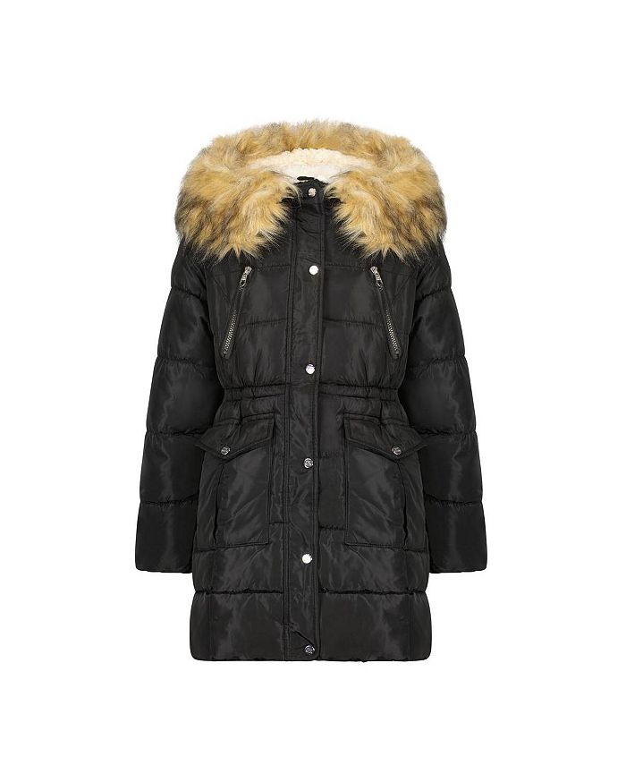 Steve Madden Girl's Faux Fur Trim Warm Winter Parka Coat with Cinch ...
