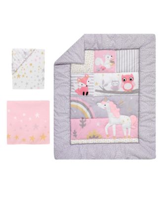 Rainbow Unicorn with Fox, Squirrel and Owls Pink/Purple 3-Piece Baby Nursery Crib Bedding Set