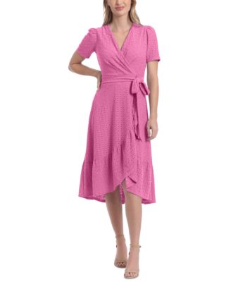 London Times - Petite Eyelet Faux-Wrap Midi Dress