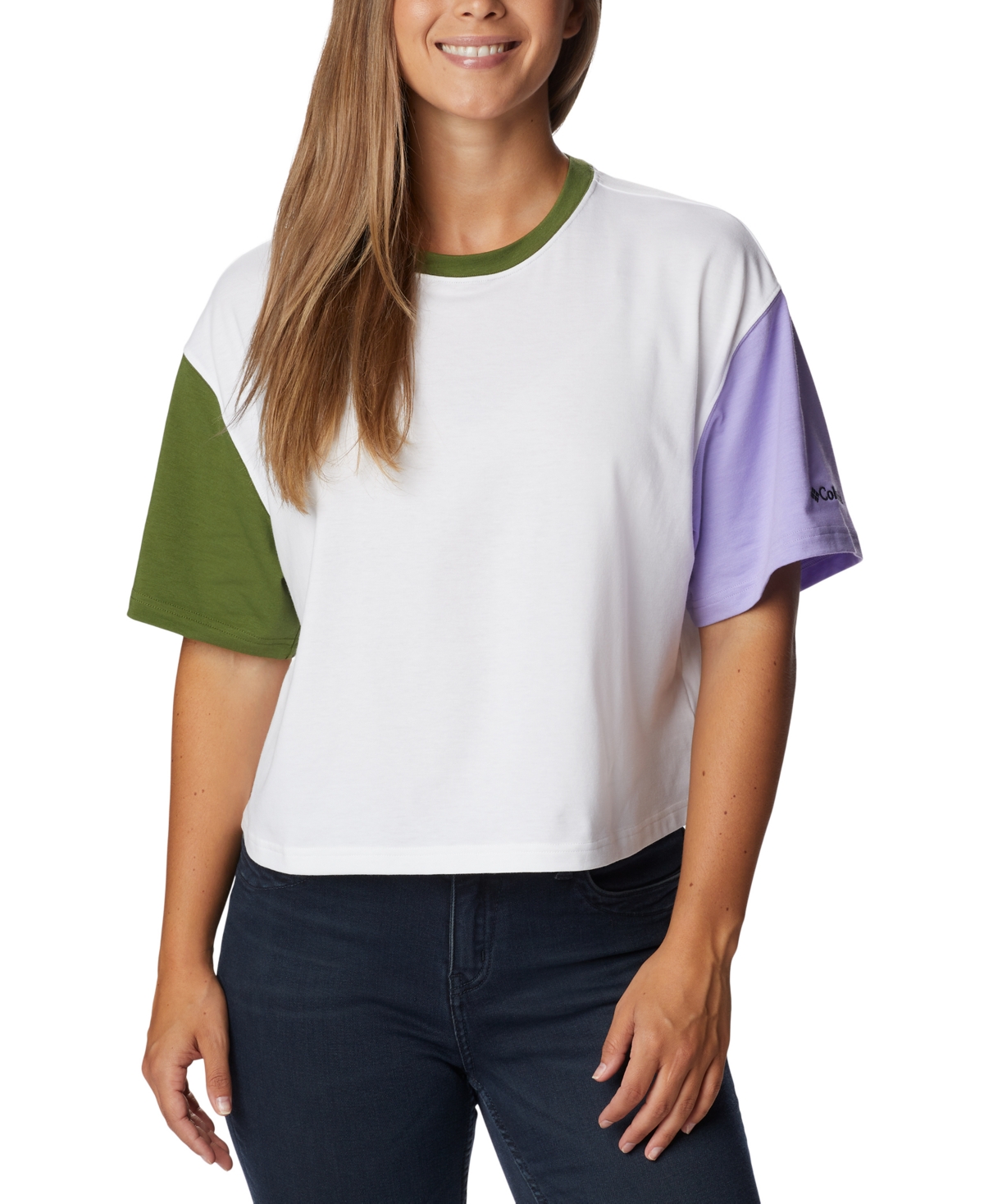 Columbia Women's Deschutes Valley Cropped Short-sleeve T-shirt In White Vista Blue
