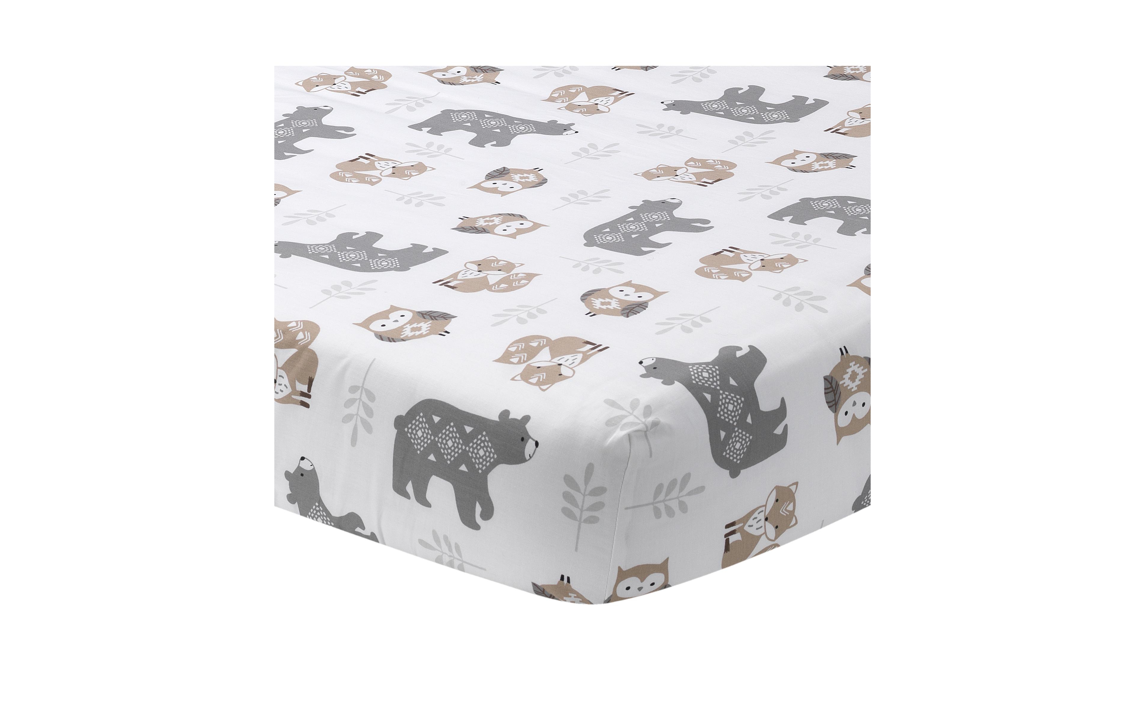 Lambs & Ivy Woodland Forest Animals White/Gray Cotton Fitted Mini Crib Sheet