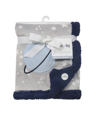 Milky Way Gray/Blue Stars and Planet Minky/Faux Shearling Soft Baby Blanket