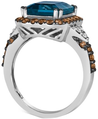 Couture Deep Sea Blue Topaz (5 ct. t.w.), Chocolate Diamonds (3/4 ct. t.w.) & Nude Diamonds (1/10 ct. t.w.) Square Halo Ring in Platinum