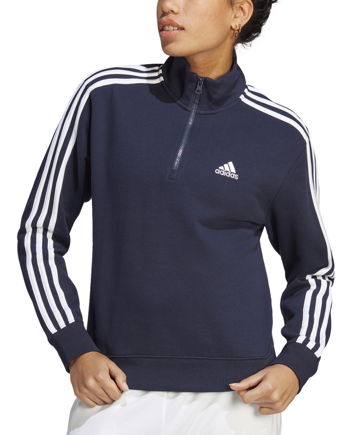 Shop Adidas Originals Women's Cotton 3-stripes Quarter-zip Sweatshirt In Legend Ink,white