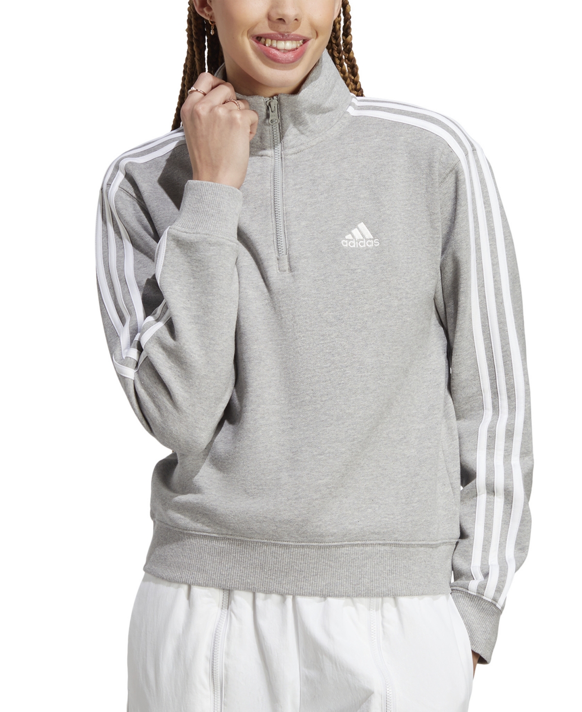 Shop Adidas Originals Women's Cotton 3-stripes Quarter-zip Sweatshirt In Medium Grey Heather,white