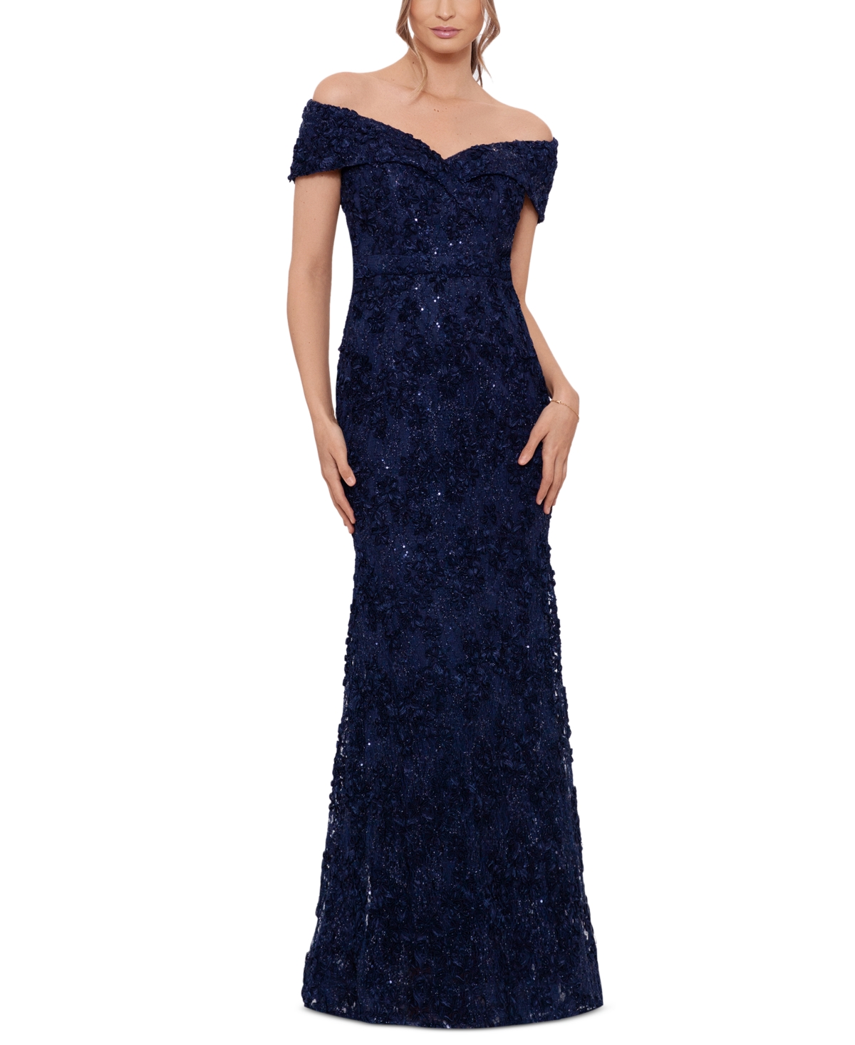 Xscape Off The Shoulder Embroidered Gown In Navy