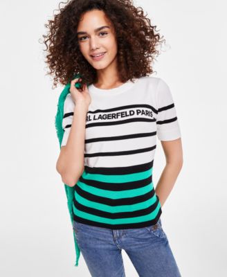 KARL LAGERFELD PARIS - Women's Logo Striped Short-Sleeve Sweater