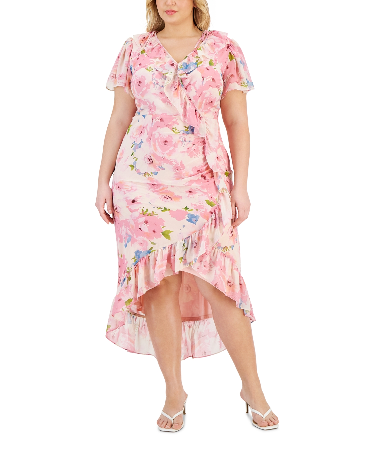 Taylor Plus Size Floral-print Flutter-sleeve Faux-wrap Dress In Dusty Rose  | ModeSens