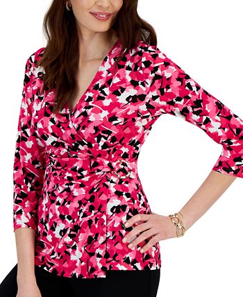 Kasper Women’s Geo Animal Print Cardigan – 3/4 Sleeve, Short Length, Side Slits, Lightweight Layer