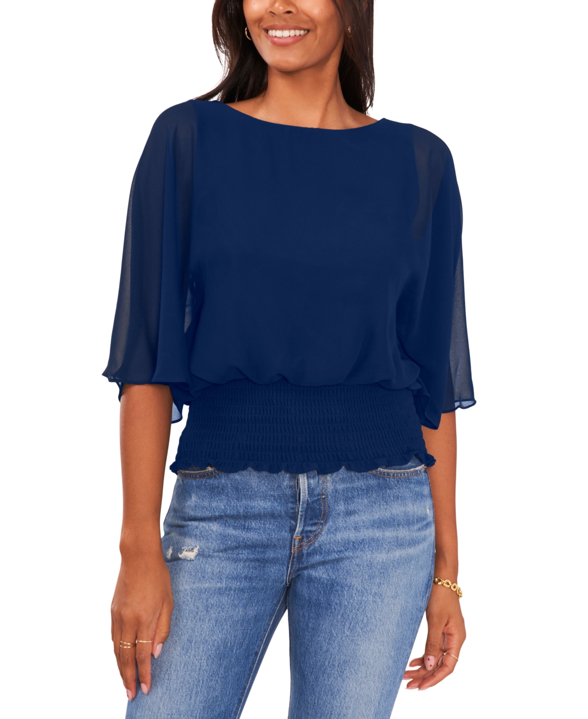 Sam & Jess Womens Butterfly Sleeve Smocked Waist Blouse In Navy