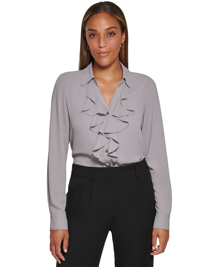 Calvin Klein Women's Ruffle-Front Button-Up Blouse & Reviews - Tops - Women  - Macy's