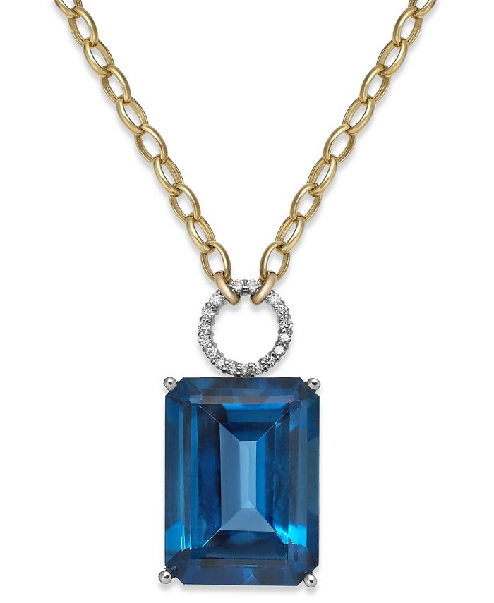 Macy's - Blue Topaz (26 ct. t.w.) and Diamond (1/6 ct. t.w.) Pendant Necklace in 14k Gold