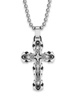 Diamond Accent Tribal Cross Pendant Necklace in Stainless Steel