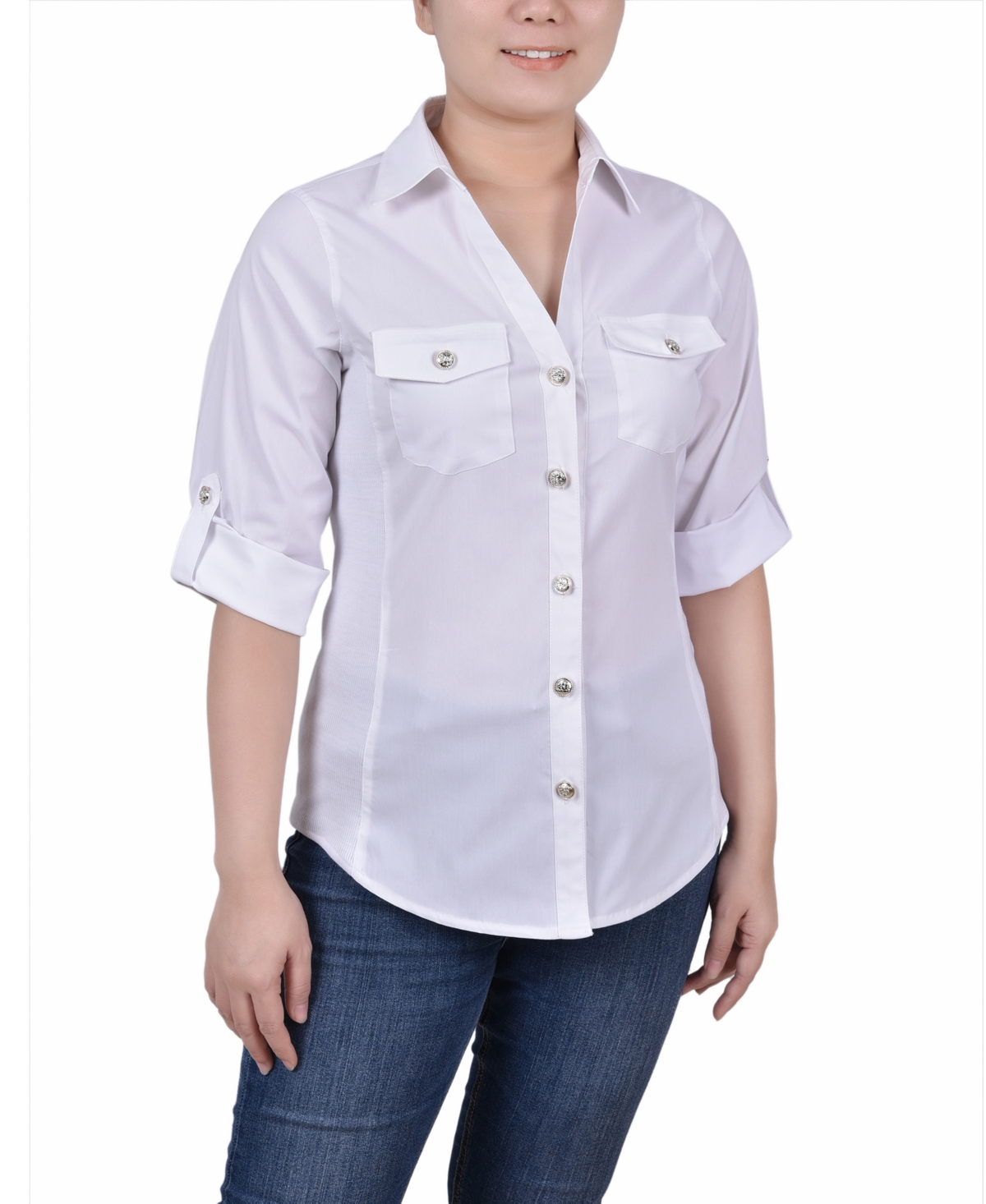 NY COLLECTION WOMEN'S ROLL TAB BLOUSE WITH RIB INSETS