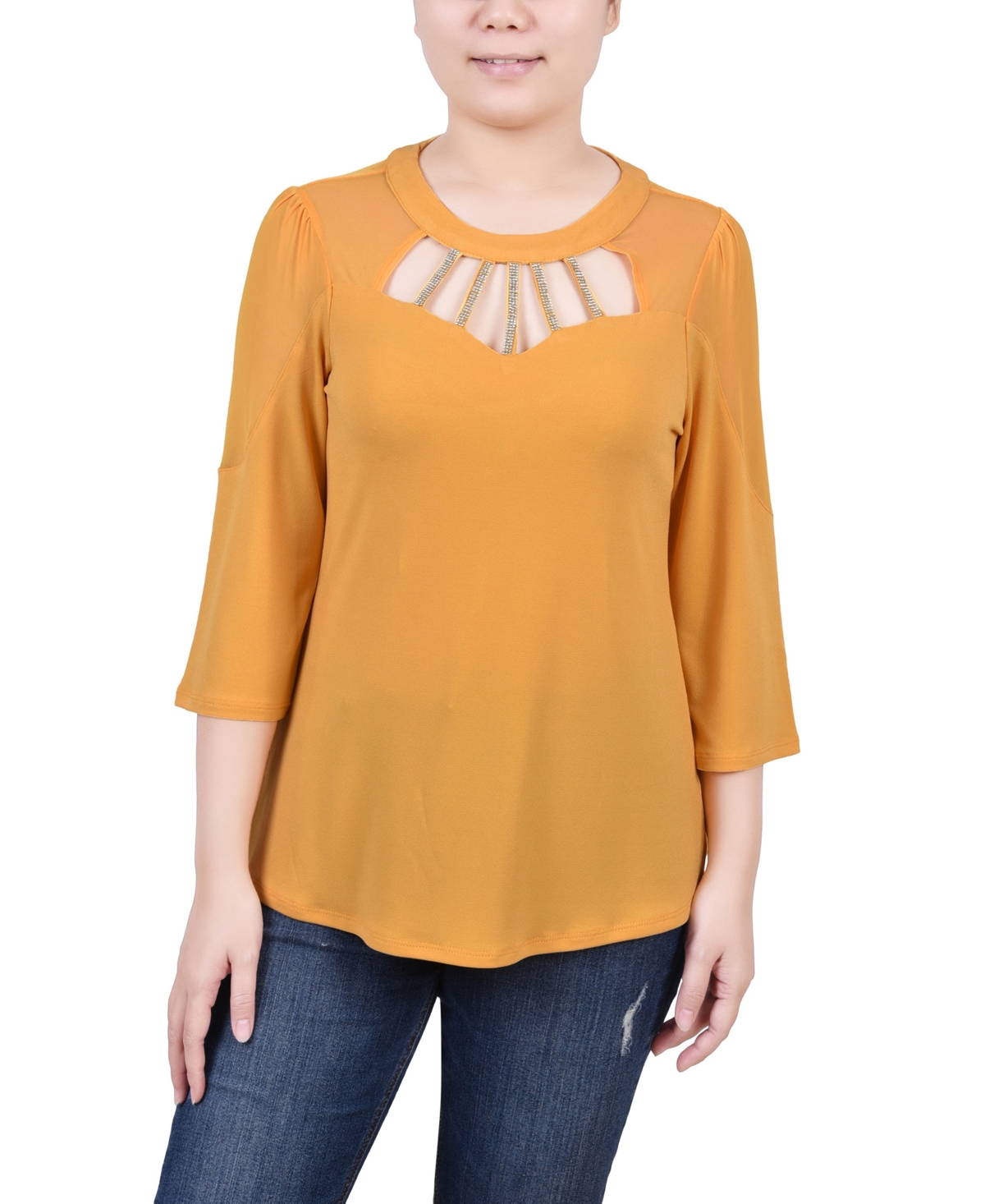 NY COLLECTION WOMEN'S 3/4 SLEEVE TOP WITH NECKLINE CUTOUTS AND STONES