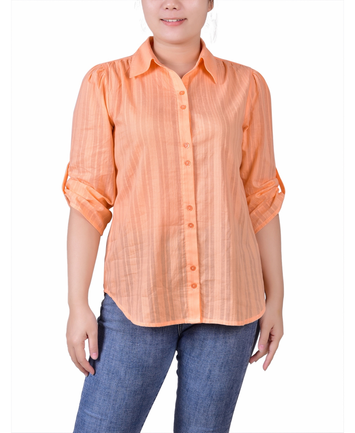 Ny Collection Plus Size 3/4 Roll Tab Sleeve Cotton Blouse In Light Coral