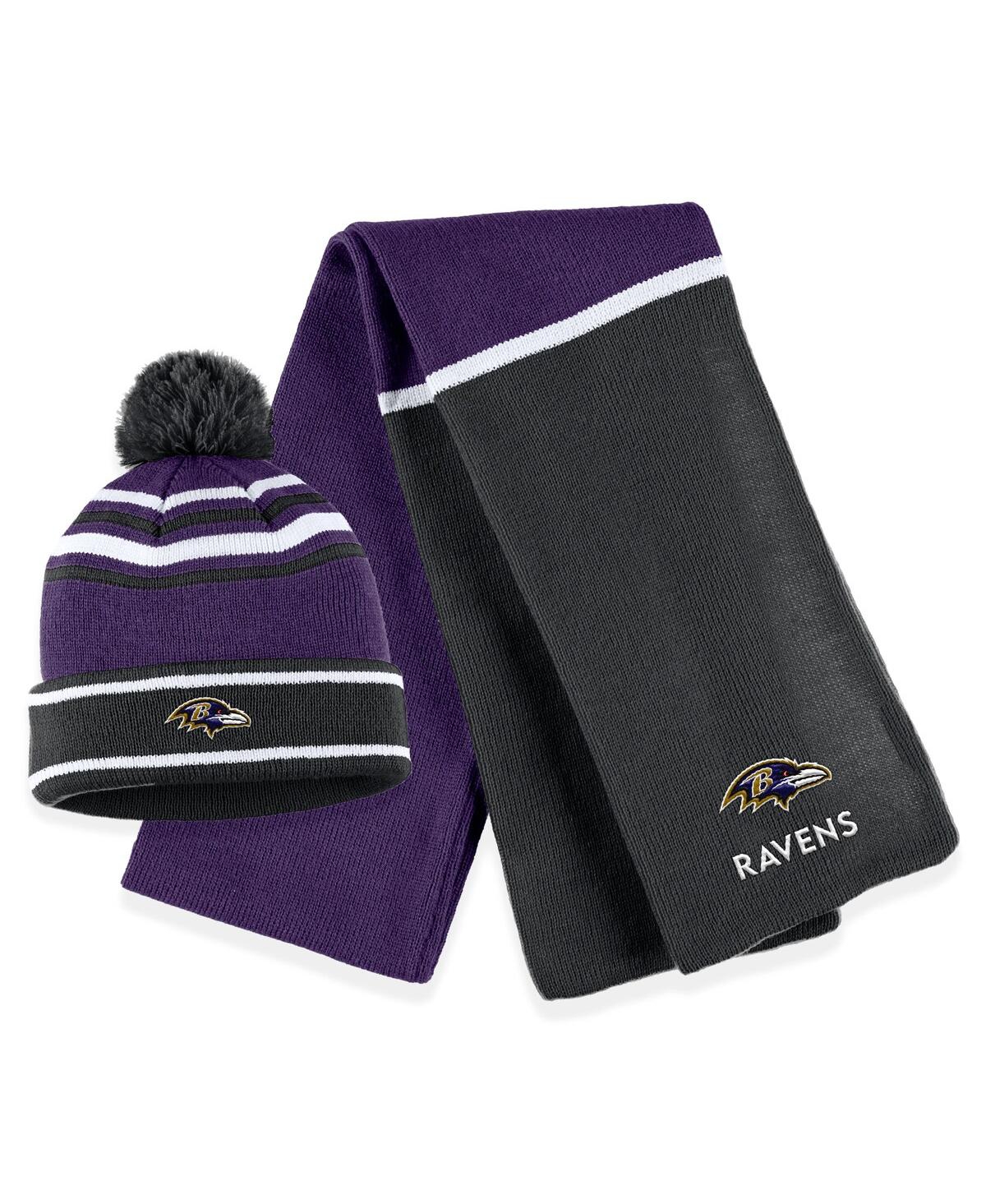 Shop Wear By Erin Andrews Women's  Purple Baltimore Ravens Colorblock Cuffed Knit Hat With Pom And Scarf S