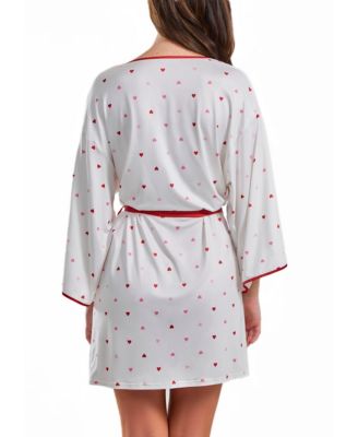 Women's Kyley Heart Print Robe with Contrast Self Tie Sash and Red Trim