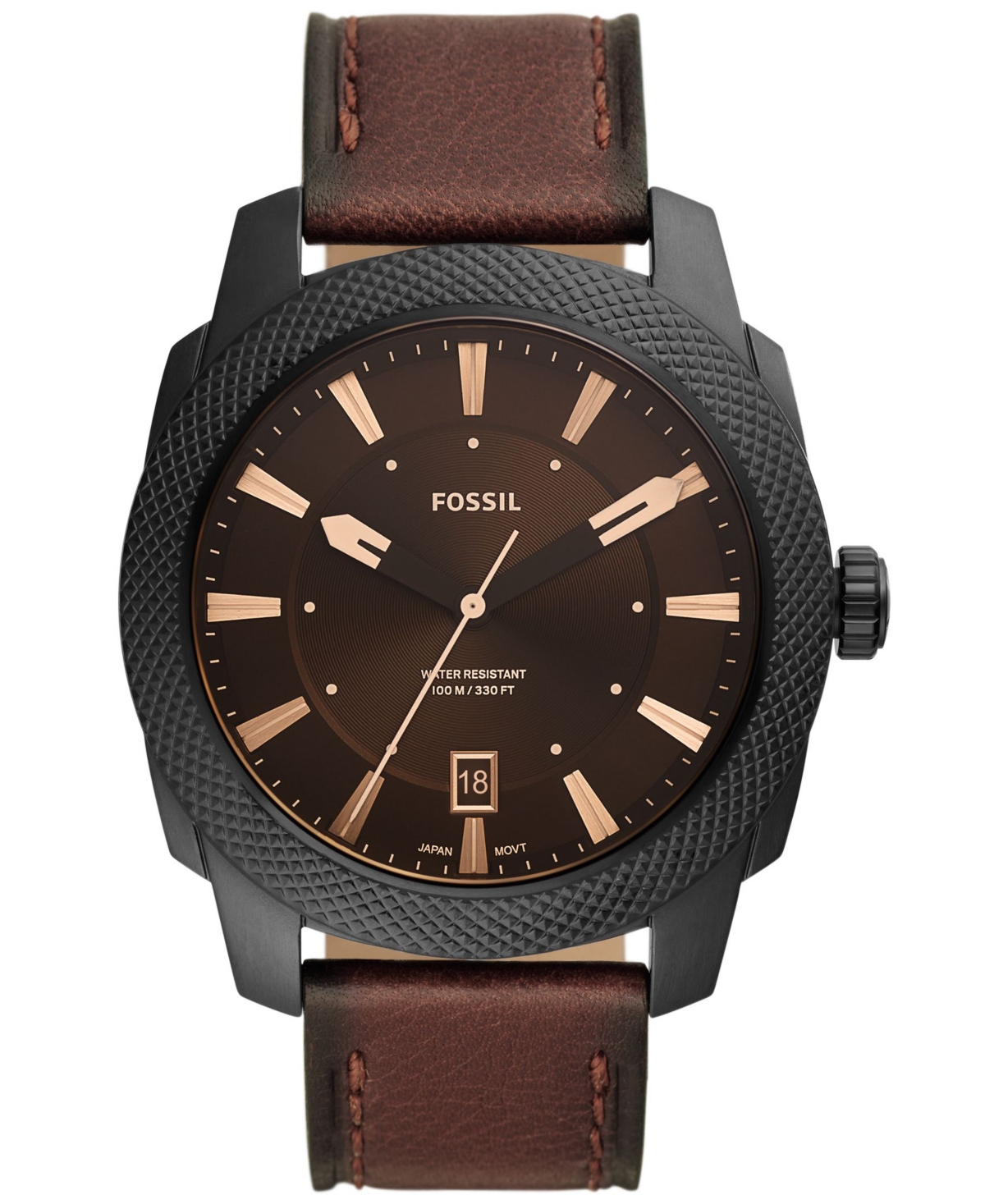 Men's Machine Quartz Brown Leather Strap Watch, 49mm - Brown