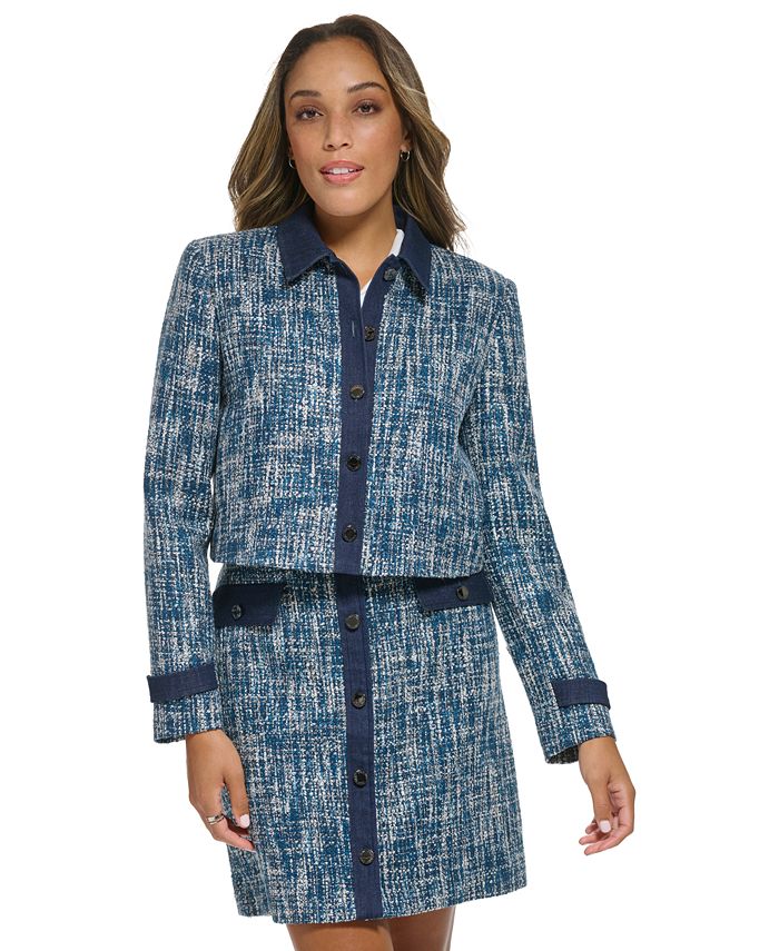 Calvin Klein Women's Denim Trim Cropped Tweed Jacket - Macy's
