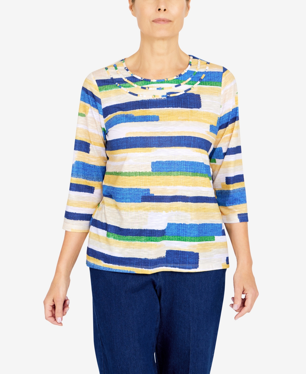 Alfred Dunner Women's Bright Idea Etched Stripe Three-quarter Length Top In Multi