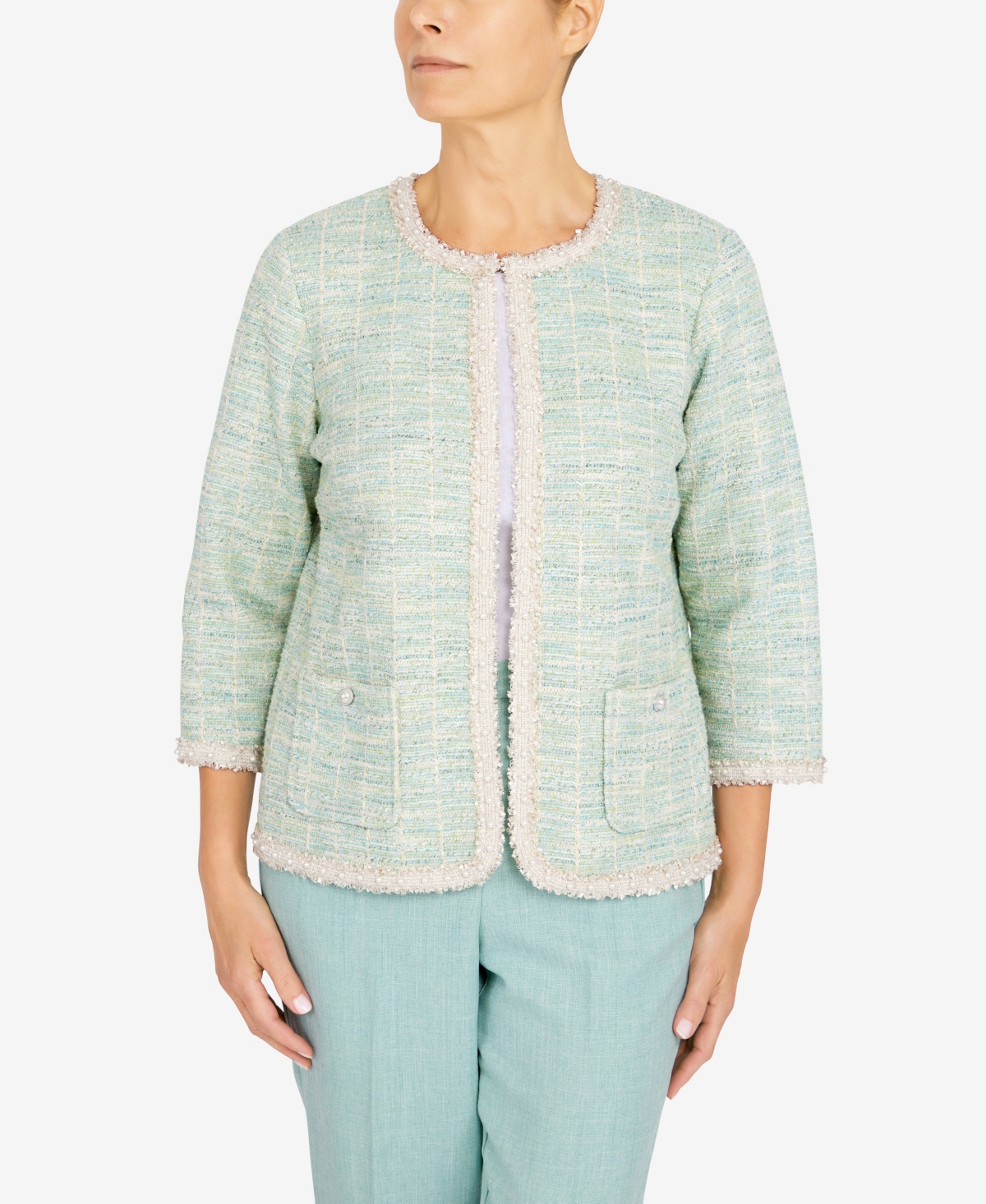 Alfred Dunner Petite Lady Like Knit Boucle Jacket With Imitation-pearl Trim In Multi