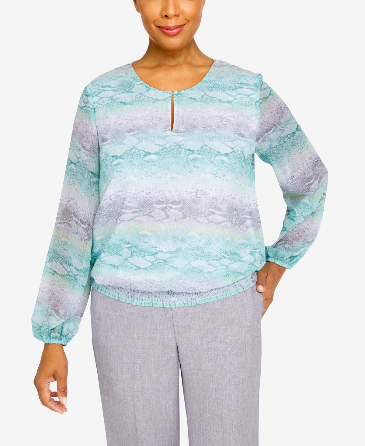 Alfred Dunner Petite Lady Like Python Stripe Shirred Hem Blouse In Multi