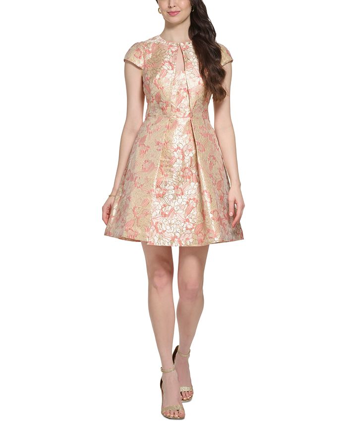 Vince Camuto Petite Floral Jacquard Cap-Sleeve Fit & Flare Dress