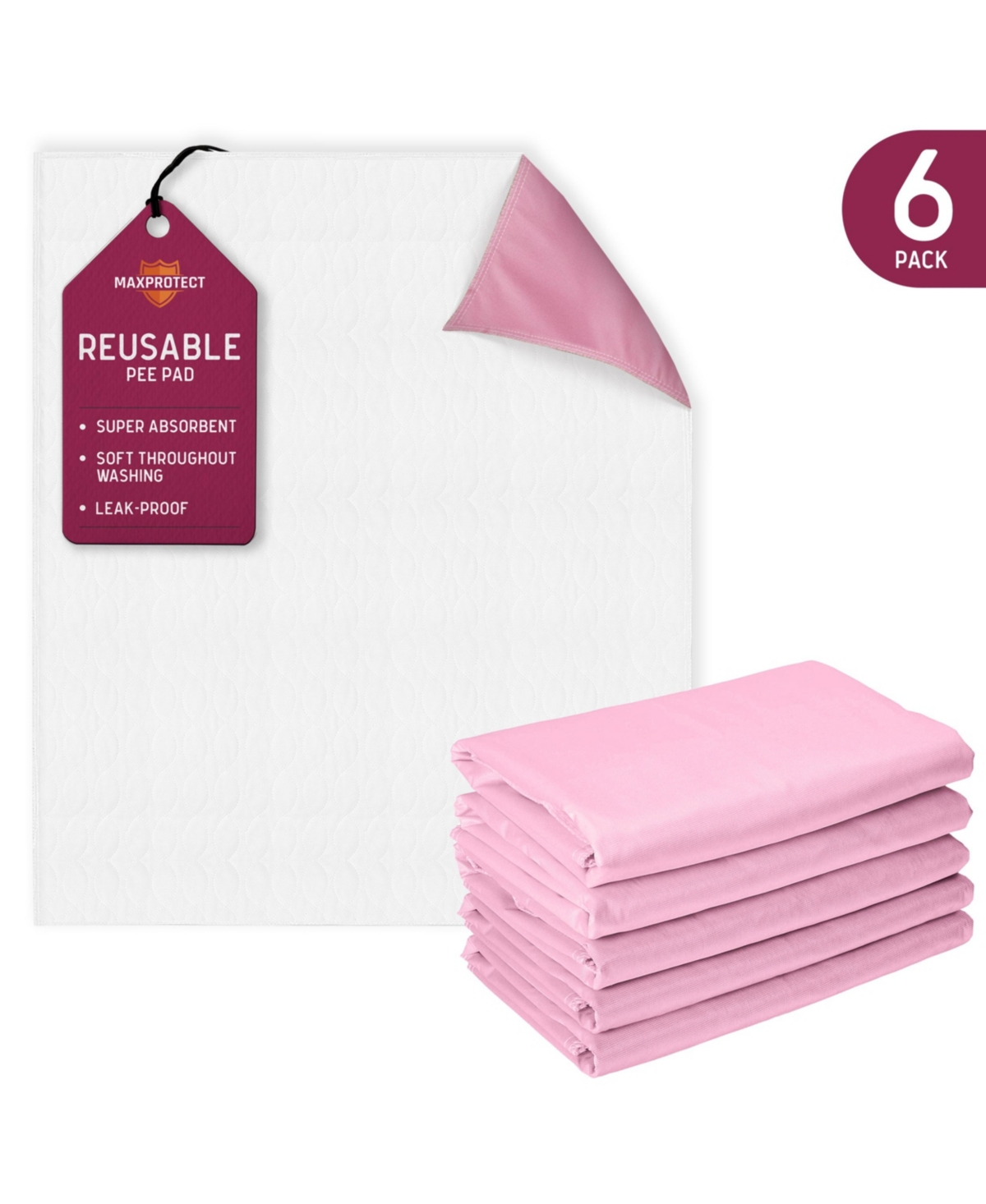 MaxProtect Softies Reusable Pee Pads for Dogs, Training Underpads, Cloth-Like Top Layer - 6 Pack, 34" x 36" - Pink White