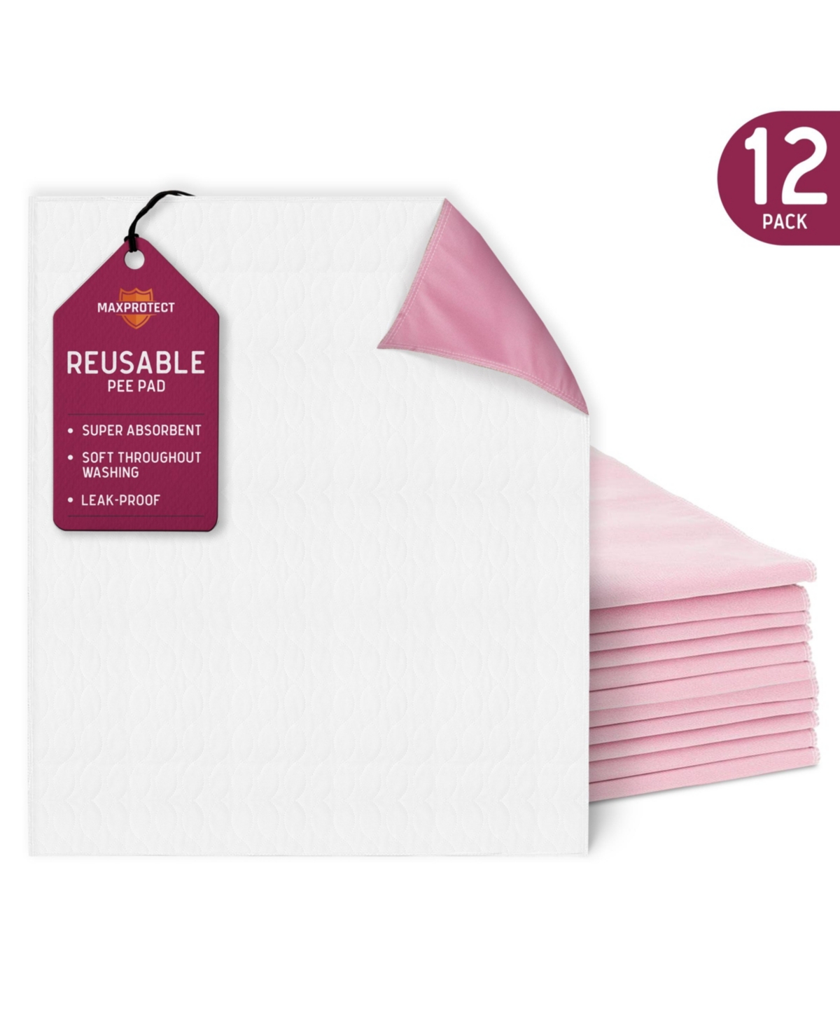 MaxProtect Softies Reusable Pee Pads for Dogs, Training Underpads, Cloth-Like Top Layer - 12 Pack, 34" x 36" - Pink, White