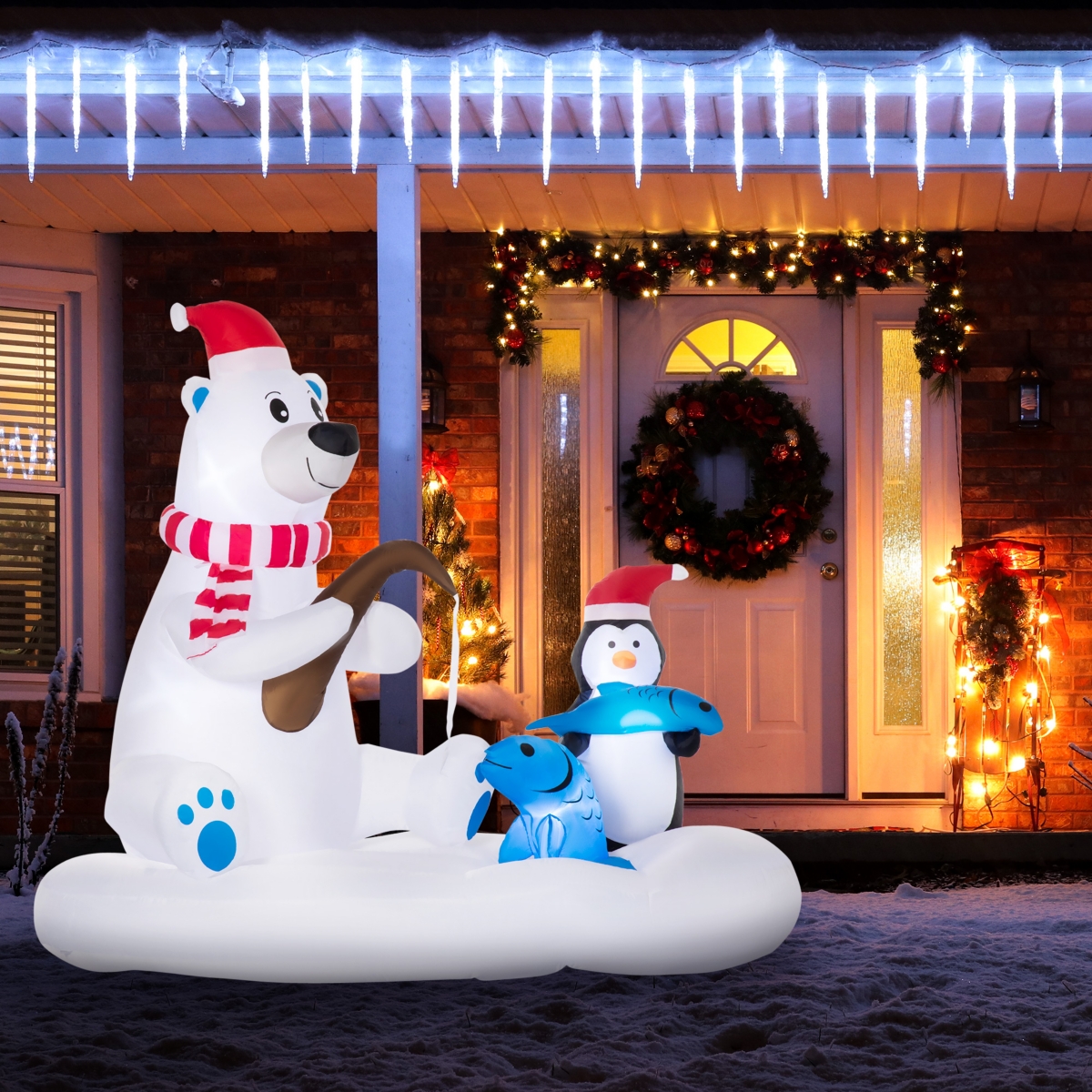Outsunny 6' Inflatable Christmas Polar Bear and Penguin Fishing on Board Led