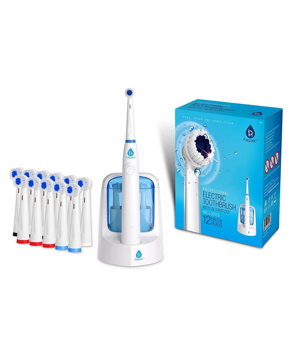 Pursonic Ret200 Power Rechargeable Electric Toothbrush With Uv Sanitizing Function, 12 Brush Heads Included In White
