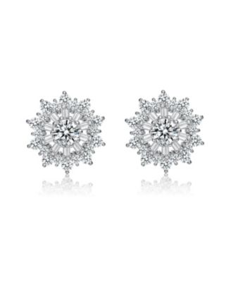 GV Sterling Silver White Gold Plated Clear Round and Baguette Cubic Zirconia Wreath Stud Earrings