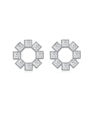 GV Sterling Silver White Gold Plated Eight Stone Clear Princess Cubic Zirconia Bezel Earrings