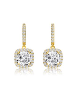 GV Sterling Silver with 14K Gold Plated Clear Cushion with Round Cubic Zirconia Halo Drop Earrings