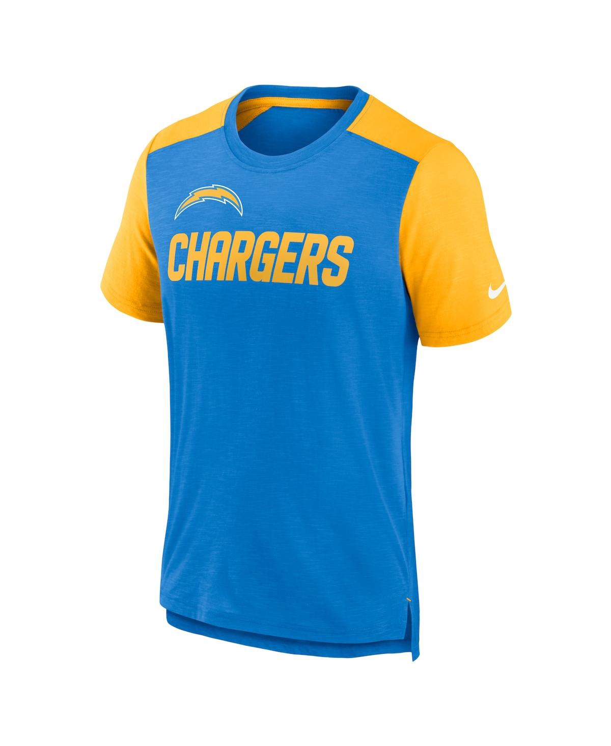 Shop Nike Men's  Heathered Powder Blue, Heathered Gold Los Angeles Chargers Color Block Team Name T-shirt In Powder Blue,heathered Gold