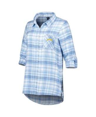 Women's Powder Blue, Navy Los Angeles Chargers Mainstay Flannel Full-Button Long Sleeve Nightshirt