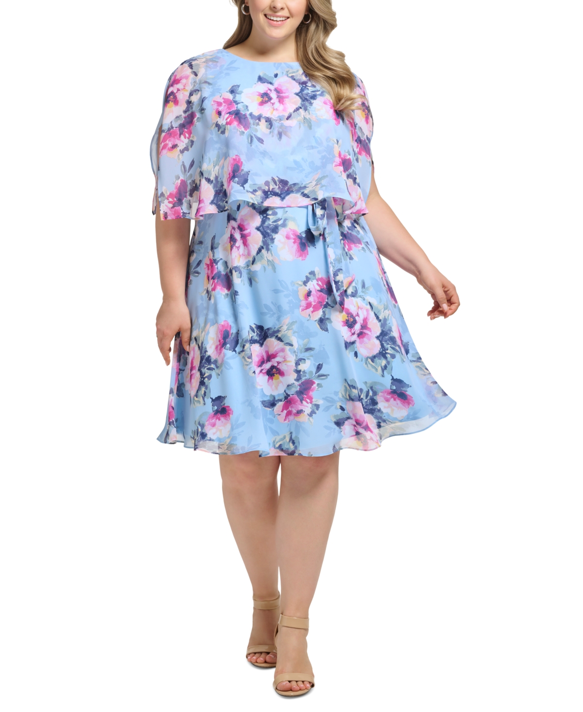 Jessica Howard Plus Size Floral-Print Blouson Overlay Dress
