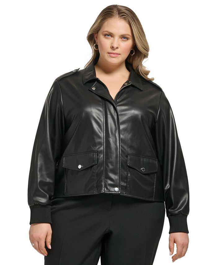 Calvin Klein Plus Size Faux-Leather Cropped Jacket & Reviews - Jackets & Blazers - Plus - Macy's